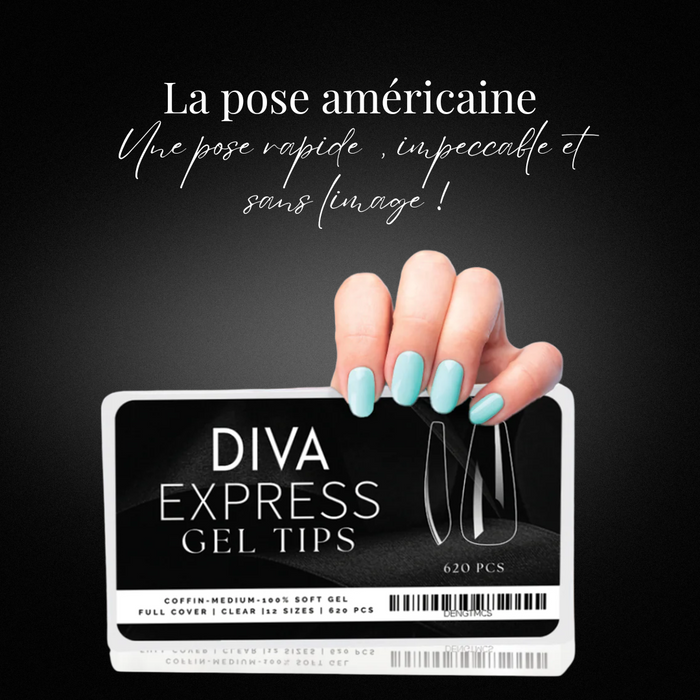 Press-On, Pose américaine, capsules américaines, gel-x, Diva Express, Gel tips, capsules gel, coffin, capsules en gel